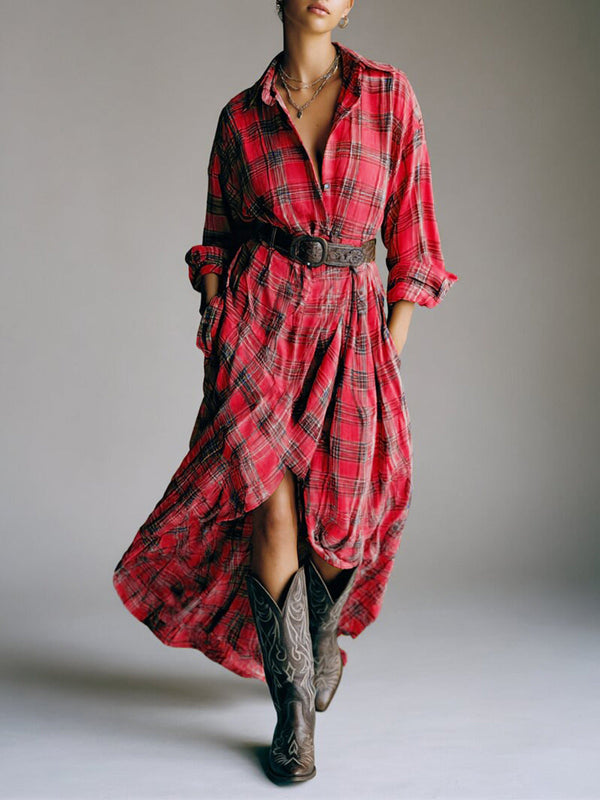 Casual loose retro plaid shirt dress with belt