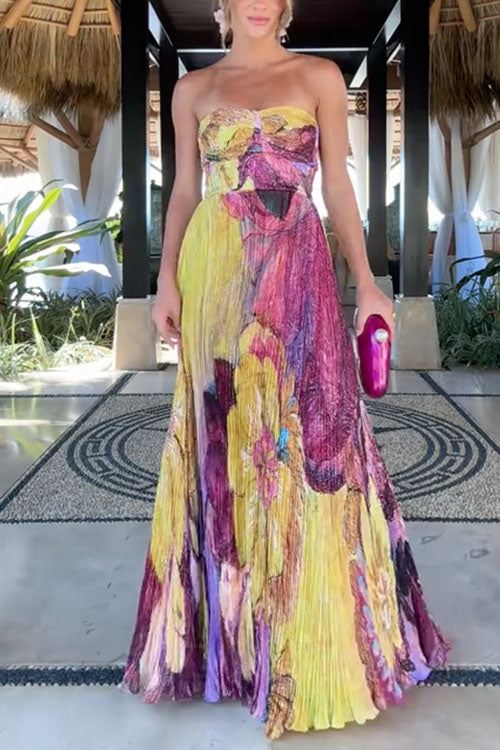 Spaghetti Strap Waisted Floral Print Pleated Swing Maxi Dress