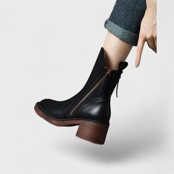 Classic Leather Ankle Boots with Side Zipper and Block Heel