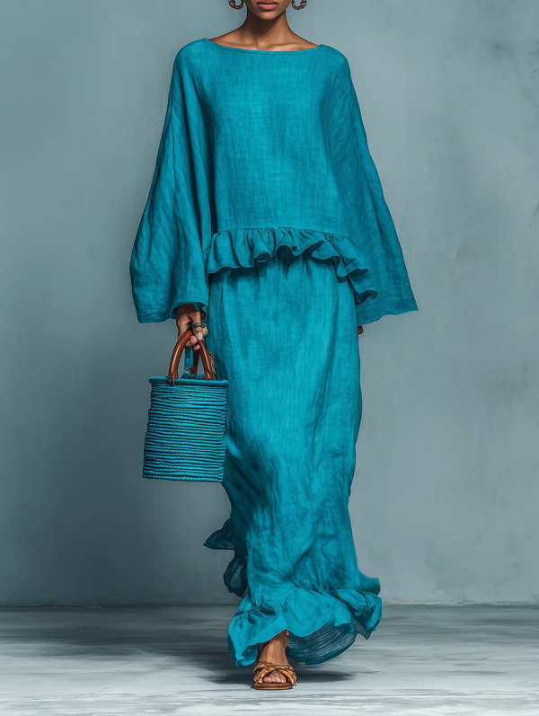 Blue Ruffled Blouse And Straight Skirt Suit
