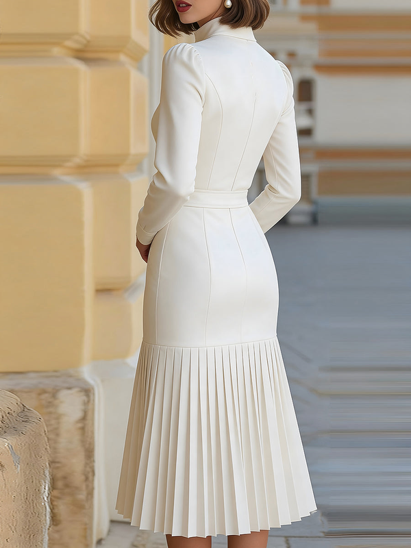 White Turtleneck Long-sleeved Pleated Midi Dress (with belt)