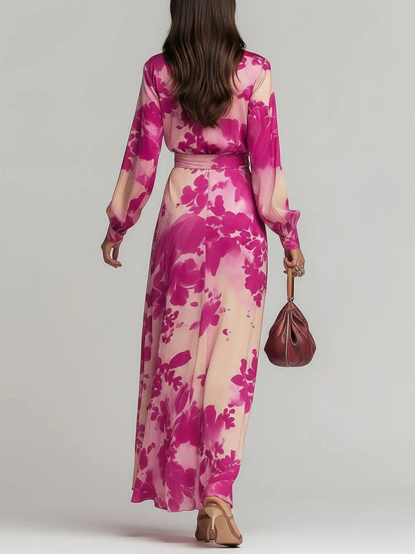Rose Red Floral V-neck Belted Maxi Dress