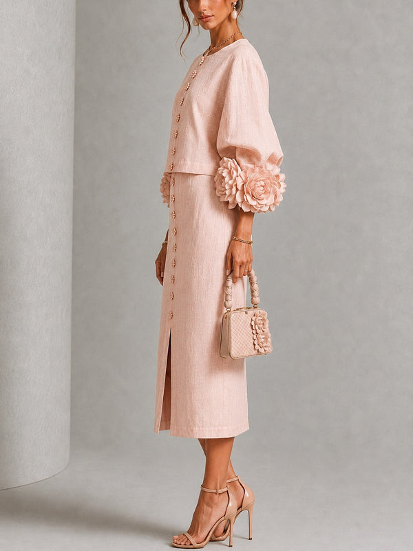 Pink Floral Button-front Top And Skirt Set Featuring Striking Floral Cuffs