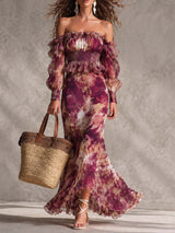 Rose Pink Floral Off-Shoulder Chiffon Maxi Dress