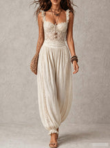 Grey Lace Bandeau and Pleated Cotton Harem Pants Set