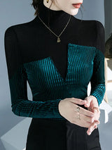 Contrast Color Split-Joint Long Sleeves Skinny High Neck T-Shirts Tops