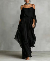 Grey off-shoulder flowy camisole and trousers chiffon set