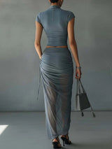 Blue Cropped T-Shirt and Sheer Mesh Draped Skirt Set