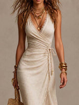 Beige faux-linen wrap maxi dress with lace trim