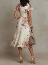 Elegant vintage floral satin midi dress