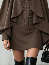 Chocolate high-neck mini dress with cape-style paneling