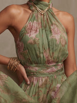 Green Floral Chiffon Halter Maxi Dress
