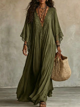 White Lace V-neck Batwing Sleeve Chiffon Maxi Dress