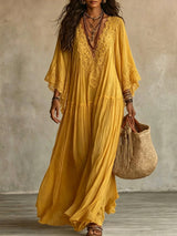 White Lace V-neck Batwing Sleeve Chiffon Maxi Dress
