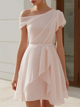 One-Shoulder Draped Chiffon A-Line Mini Dress