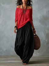 White Off-the-shoulder Top And Loose-fitting Lantern Pants Set