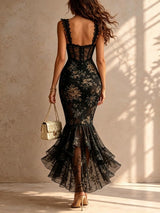Black Romantic Floral Midi Mermaid Dress with Lace Trim