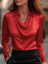 Elegant White Satin Blouse with Draped Neckline