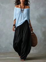 White Off-the-shoulder Top And Loose-fitting Lantern Pants Set
