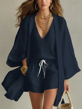 White Loose Cardigan And Drawstring Shorts Three-piece Set