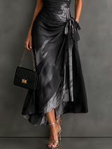 Red Black Abstract Print Wrap Midi Dress Collared V Neck Short Sleeve Tie Waist Ruffled High‑Low Hem Dress
