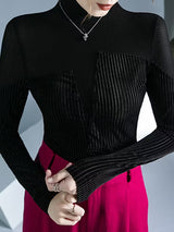 Contrast Color Split-Joint Long Sleeves Skinny High Neck T-Shirts Tops