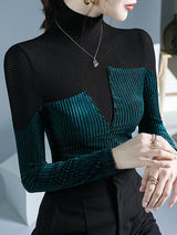 Contrast Color Split-Joint Long Sleeves Skinny High Neck T-Shirts Tops