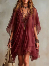 Green Chiffon V-neck Layered Flowy Mini Dress
