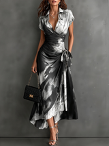 Red Black Abstract Print Wrap Midi Dress Collared V Neck Short Sleeve Tie Waist Ruffled High‑Low Hem Dress