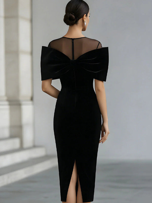 Dramatic Black Velvet Bow Midi Dress