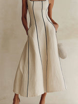 Apricot Minimalist Black Striped A-Line Maxi Dress