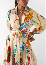 Vacation Tropical Floral Print Waist Tie Shirt & Maxi Skirt Boho Two Piece Set