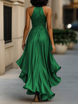 Midnight Elegance Satin Halter Ruffle Gown