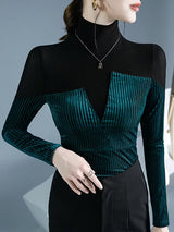 Contrast Color Split-Joint Long Sleeves Skinny High Neck T-Shirts Tops