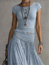 BLUE LACE-PANELED TOP AND PLEATED MAXI SKIRT SET