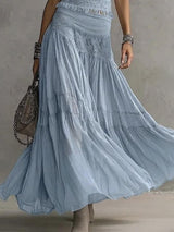 BLUE LACE-PANELED TOP AND PLEATED MAXI SKIRT SET