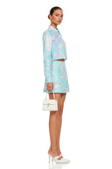 Cassia Mint Green Printed Blouse & Mini Skirt Set