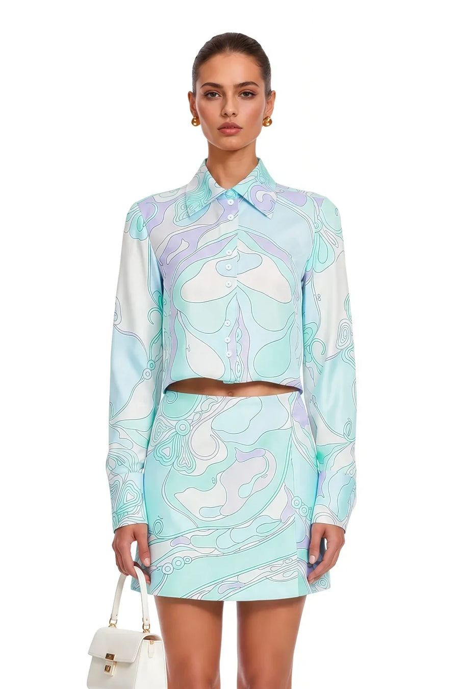 Cassia Mint Green Printed Blouse & Mini Skirt Set
