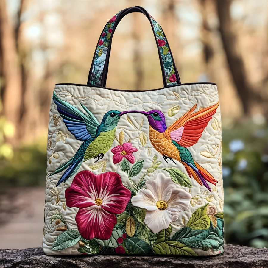 Colorful Hummingbird Garden Bliss | Handmade Quilted Tote