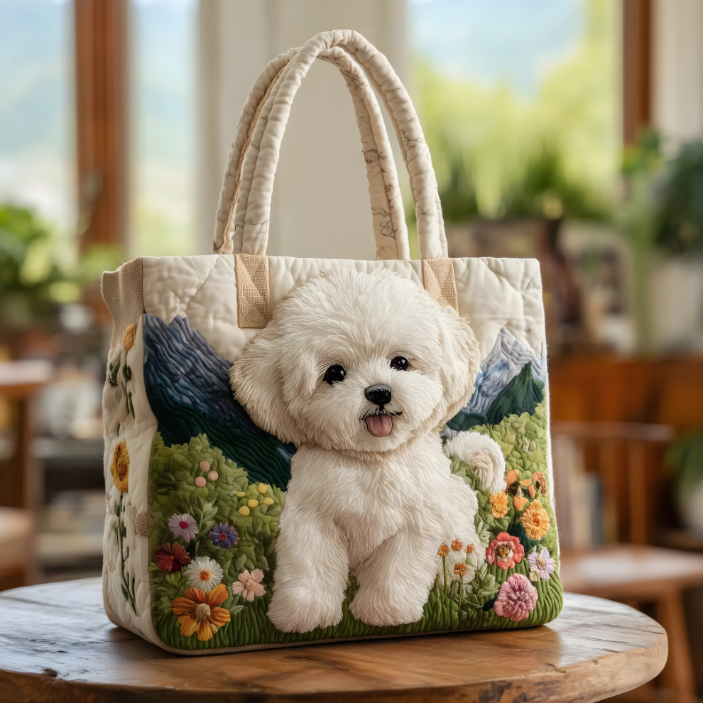 Cute White Puppy Garden | Handmade Quilted Tote