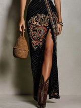 Bohemian-Style Printed Dress with Deep V-Neck and High Slit