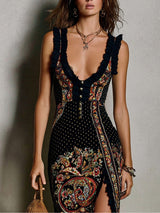 Bohemian-Style Printed Dress with Deep V-Neck and High Slit
