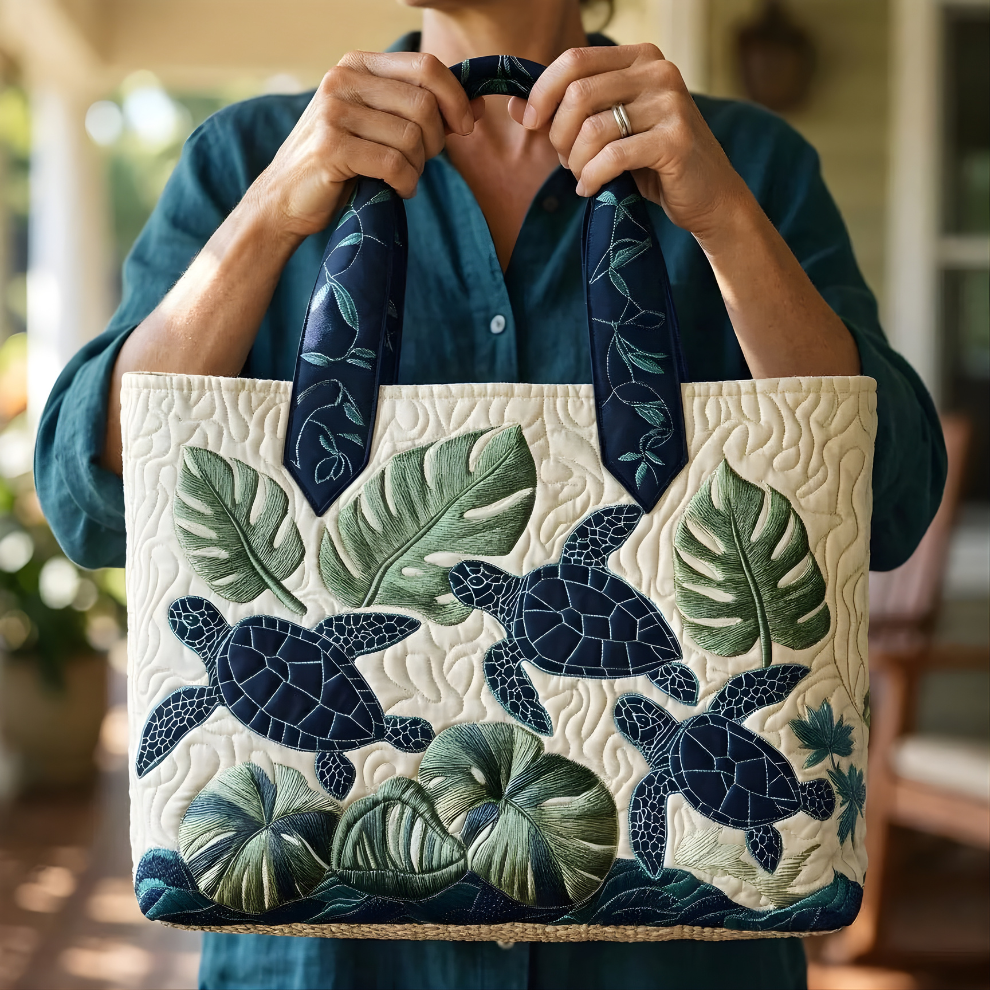 Tropical Sea Turtle Leaves | Handmade Quilted Tote