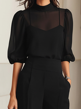 Black Sheer Camisole Top And Wide-leg Pants Three-piece Set