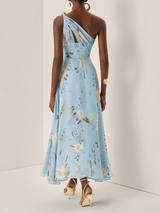 Light Blue Floral Pleated Chiffon One-shoulder Maxi Dress