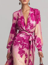Rose Red Floral V-neck Belted Maxi Dress