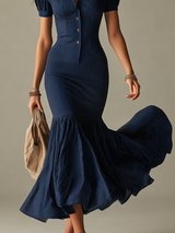 Navy Blue Striped Shirt Collar Slim-fit Mermaid Midi Dress