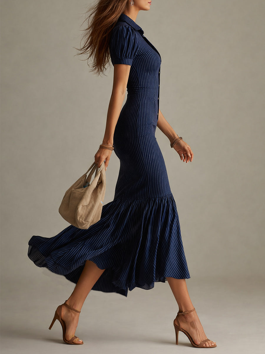 Navy Blue Striped Shirt Collar Slim-fit Mermaid Midi Dress
