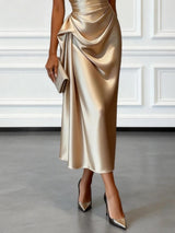 Champagne Satin One-shoulder Sleeveless Ruffled Midi Dress