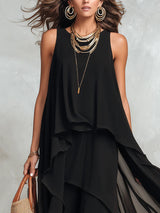 Black Chiffon Layered Round Neck Sleeveless Maxi Dress